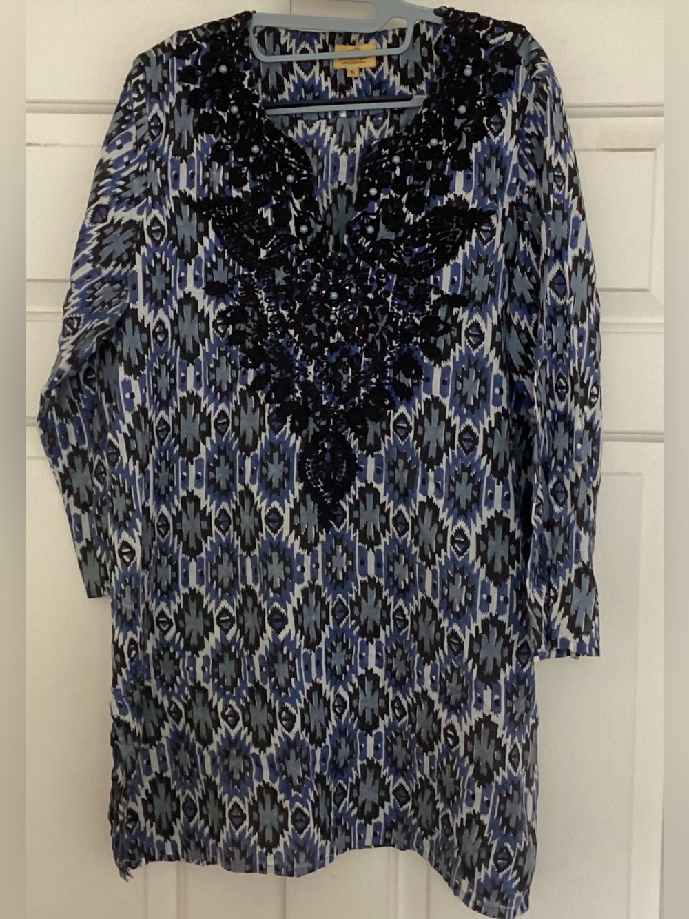 Roller Rabbit Ikat Embroidered Split-Neck Tunic Dress - Large